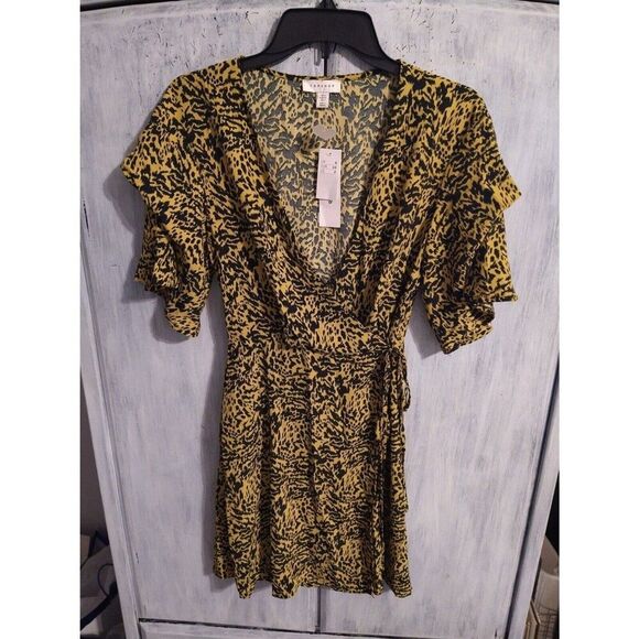 Top shop  puff ruffled sleeve zebra print  dress sz 2 Boho Feminine Cottagecore - Picture 2 of 11